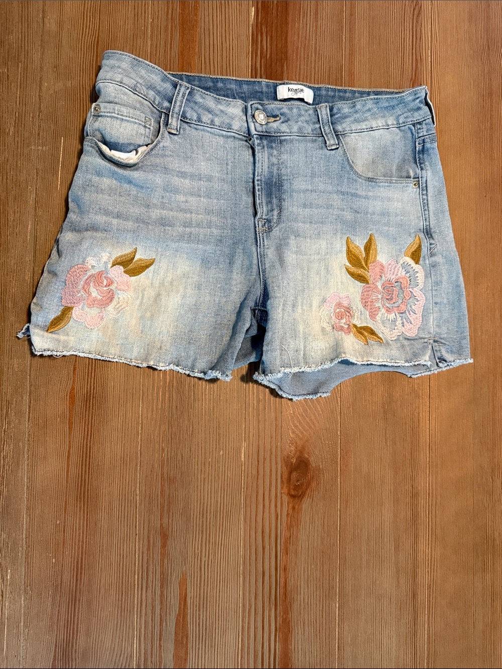 Kensie Light Blue Denim Shorts with Pink Floral Embroidery